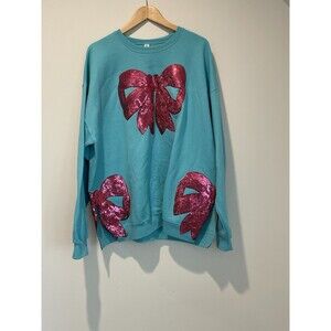 Jeezbees Blue Sweatshirt With Pink Sequin Bow With Bow Slits On The Side Side 2X